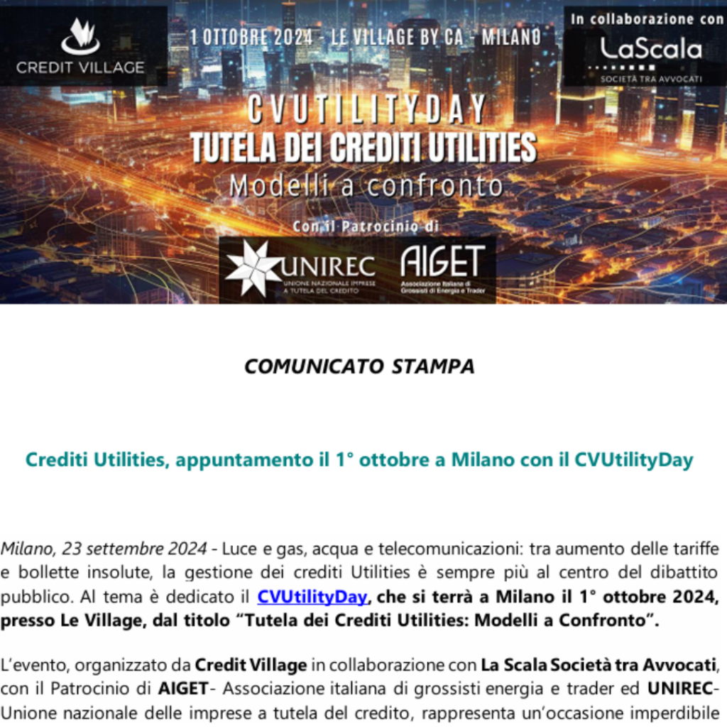 Crediti Utilities, appuntamento il 1° ottobre a Milano con il CVUtilityDay